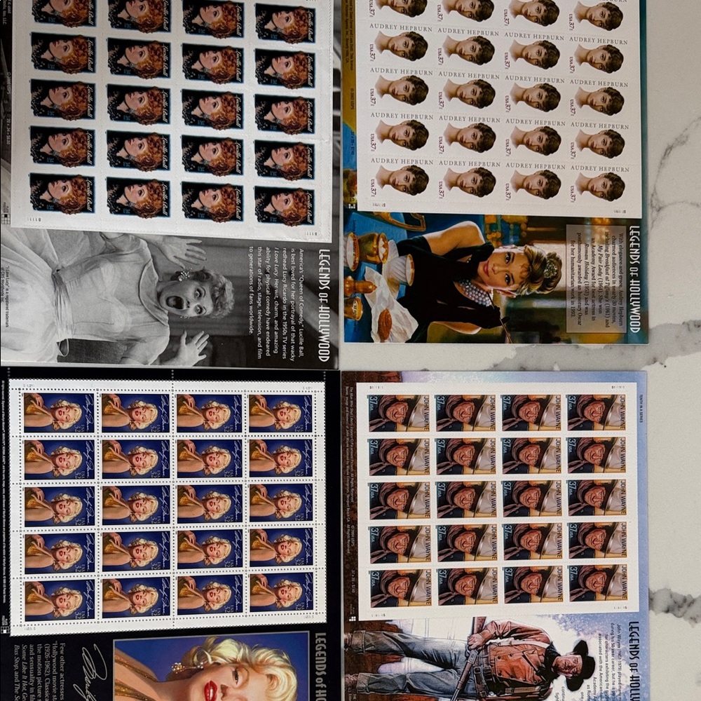 Hollywood Legends Commemorative Stamp Sheets - Audrey Hepburn & More